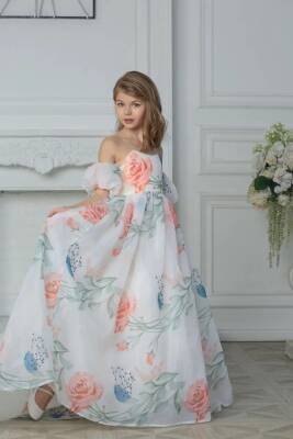 Çiçekli Organze Kuyruklu Abiye Mezuniyet Elbise - 2