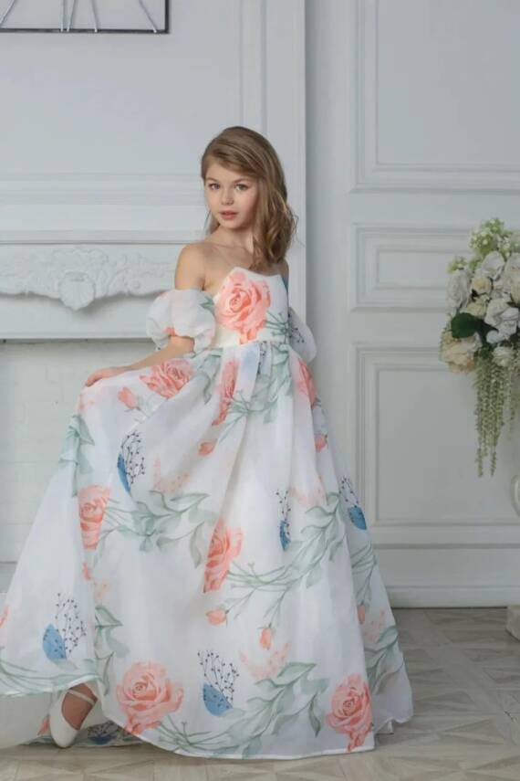 Çiçekli Organze Kuyruklu Abiye Mezuniyet Elbise - 2