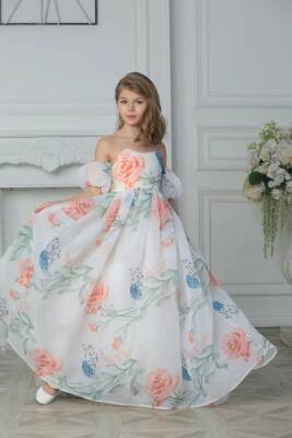 Çiçekli Organze Kuyruklu Abiye Mezuniyet Elbise - 3