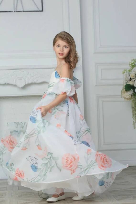 Çiçekli Organze Kuyruklu Abiye Mezuniyet Elbise - 4