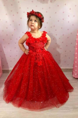 Kırmızı Kız Çocuk Çiçek Detaylı Prenses Abiye Elbise