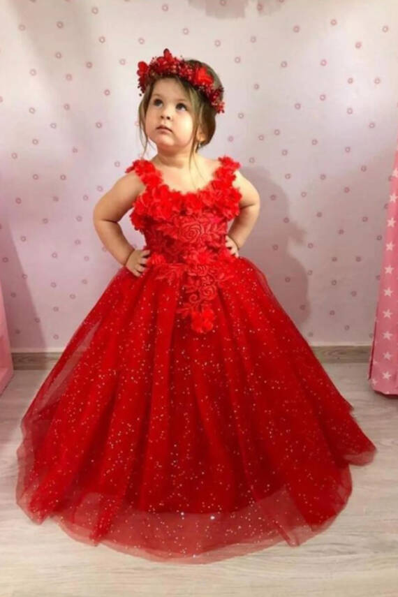 Kırmızı Kız Çocuk Çiçek Detaylı Prenses Abiye Elbise - 1