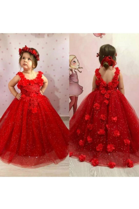 Kırmızı Kız Çocuk Çiçek Detaylı Prenses Abiye Elbise - 2