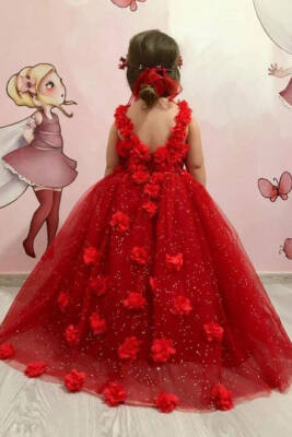 Kırmızı Kız Çocuk Çiçek Detaylı Prenses Abiye Elbise - 3