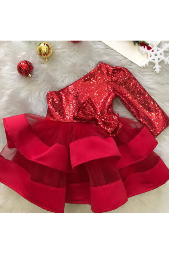 Kırmızı Payetli Tek Omuz Kız Çocuk Abiye – Parti & Özel Gün Elbisesi - 2