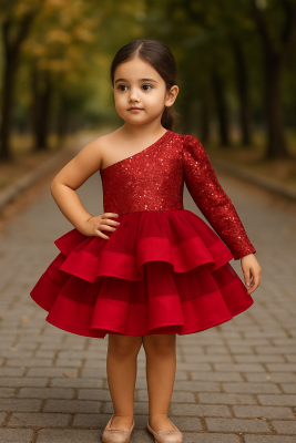 Kırmızı Payetli Tek Omuz Kız Çocuk Abiye – Parti & Özel Gün Elbisesi
