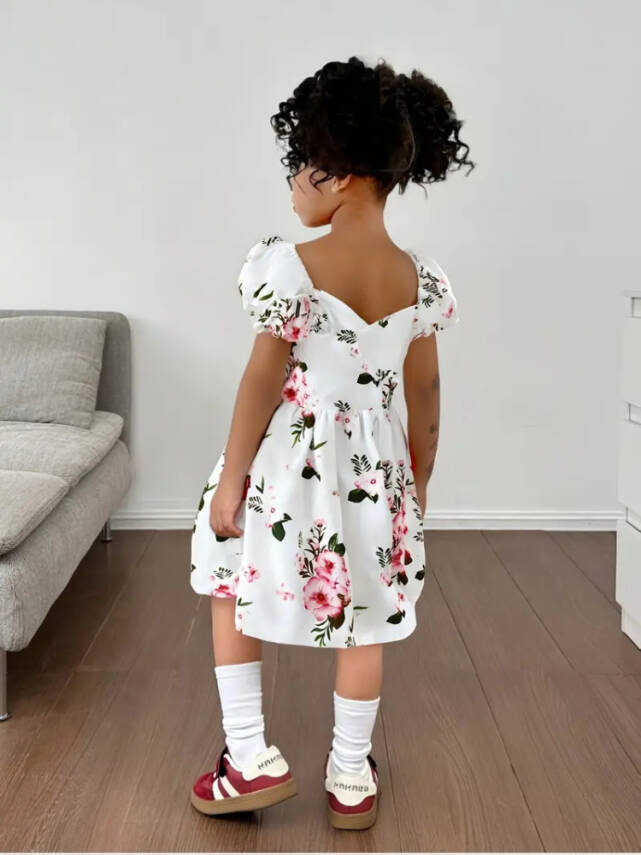 Kız Çocuk Balon Kol Çiçekli Günlük Yaz Elbisesi Beyaz - 2