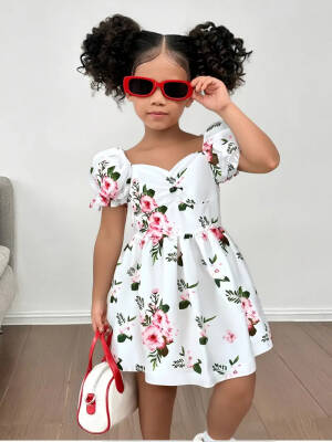 Kız Çocuk Balon Kol Çiçekli Günlük Yaz Elbisesi Beyaz