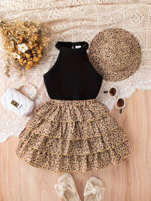 Kız Çocuk Leopar Desenli Kat Kat Etekli Abiye Elbise