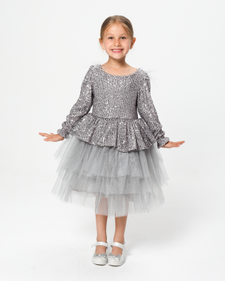Kız Çocuk Payetli Tül Katlı Abiye Elbise Özel Gün ve Doğum Günü Gri