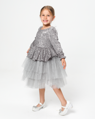 Kız Çocuk Payetli Tül Katlı Abiye Elbise Özel Gün ve Doğum Günü Gri - 2