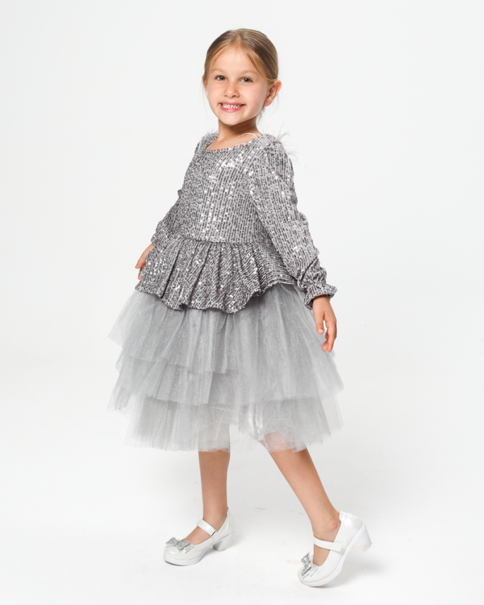 Kız Çocuk Payetli Tül Katlı Abiye Elbise Özel Gün ve Doğum Günü Gri - 2