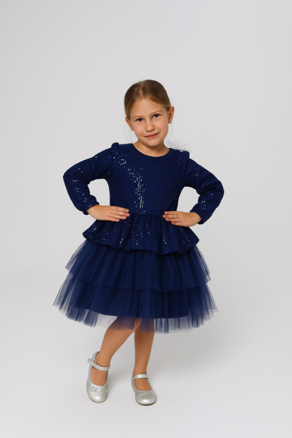 Kız Çocuk Payetli Tül Katlı Abiye Elbise Özel Gün ve Doğum Günü Lacivert - 1