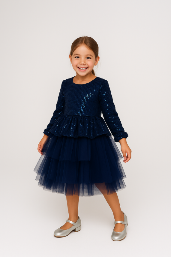 Kız Çocuk Payetli Tül Katlı Abiye Elbise Özel Gün ve Doğum Günü Lacivert - 2