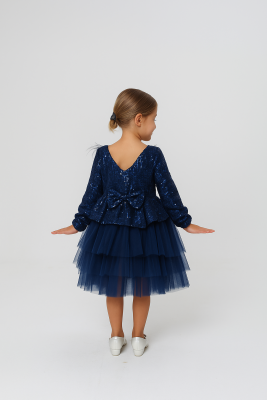 Kız Çocuk Payetli Tül Katlı Abiye Elbise Özel Gün ve Doğum Günü Lacivert - 3