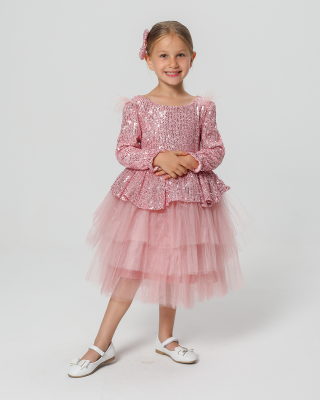 Kız Çocuk Payetli Tül Katlı Abiye Elbise Özel Gün ve Doğum Günü Pembe