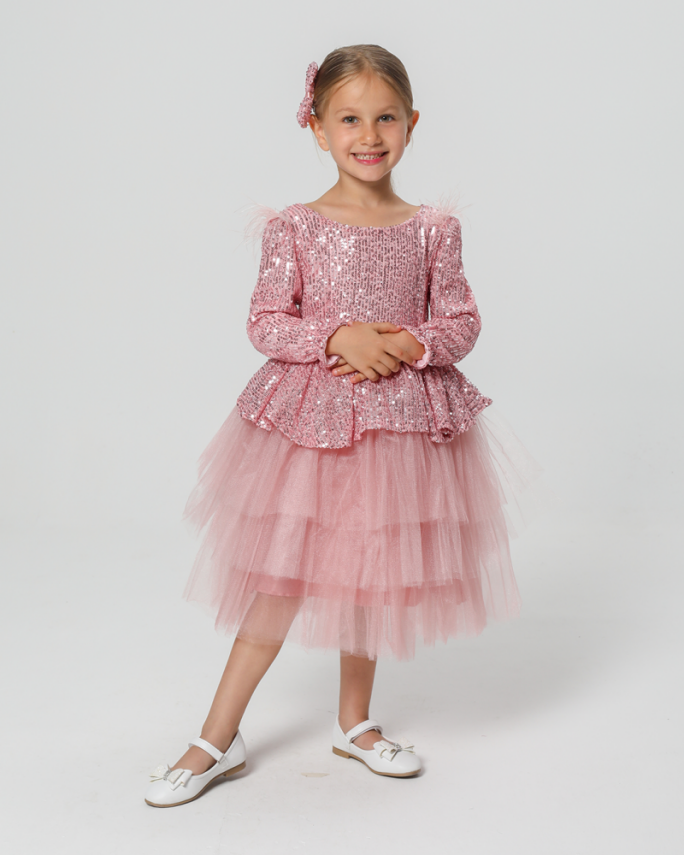 Kız Çocuk Payetli Tül Katlı Abiye Elbise Özel Gün ve Doğum Günü Pembe - 1