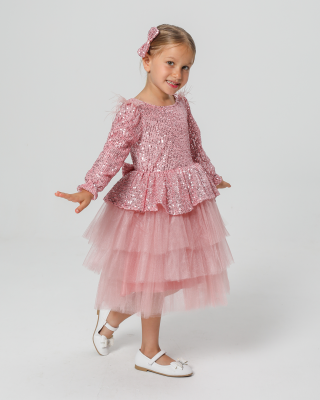 Kız Çocuk Payetli Tül Katlı Abiye Elbise Özel Gün ve Doğum Günü Pembe - 2