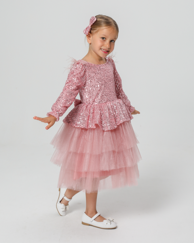Kız Çocuk Payetli Tül Katlı Abiye Elbise Özel Gün ve Doğum Günü Pembe - 2