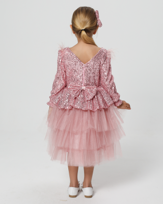 Kız Çocuk Payetli Tül Katlı Abiye Elbise Özel Gün ve Doğum Günü Pembe - 3
