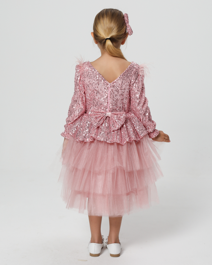 Kız Çocuk Payetli Tül Katlı Abiye Elbise Özel Gün ve Doğum Günü Pembe - 3