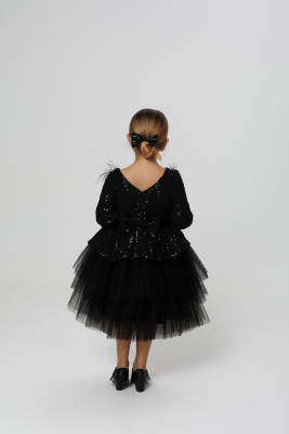 Kız Çocuk Payetli Tül Katlı Abiye Elbise Özel Gün ve Doğum Günü Siyah - 3