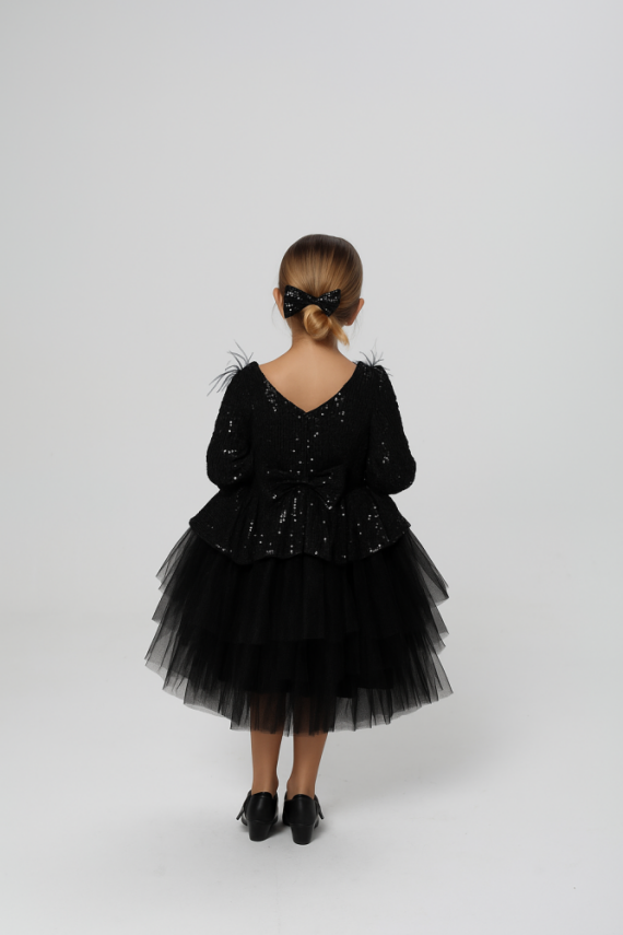 Kız Çocuk Payetli Tül Katlı Abiye Elbise Özel Gün ve Doğum Günü Siyah - 3