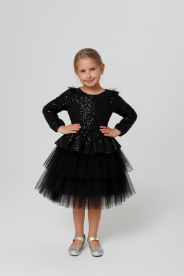 Kız Çocuk Payetli Tül Katlı Abiye Elbise Özel Gün ve Doğum Günü Siyah