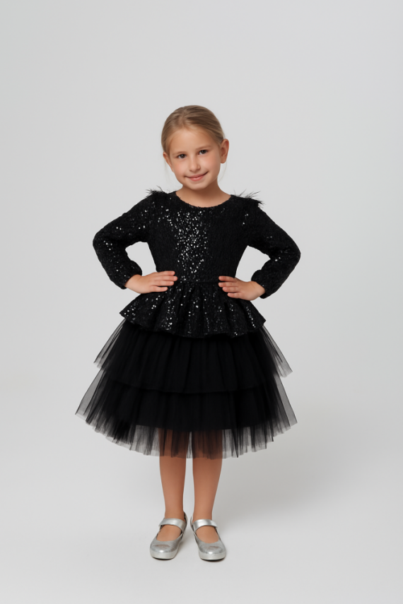 Kız Çocuk Payetli Tül Katlı Abiye Elbise Özel Gün ve Doğum Günü Siyah - 1