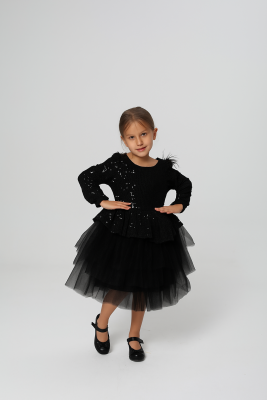 Kız Çocuk Payetli Tül Katlı Abiye Elbise Özel Gün ve Doğum Günü Siyah - 2