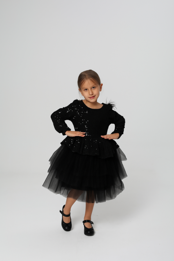 Kız Çocuk Payetli Tül Katlı Abiye Elbise Özel Gün ve Doğum Günü Siyah - 2