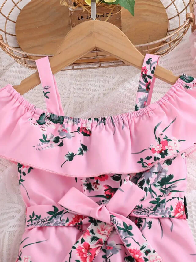 Kız Çocuk Pembe Çiçek Desenli Kuşaklı Tulum - 3