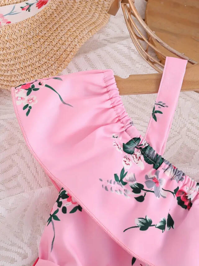 Kız Çocuk Pembe Çiçek Desenli Kuşaklı Tulum - 4