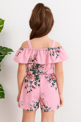 Kız Çocuk Pembe Çiçek Desenli Kuşaklı Tulum - 2