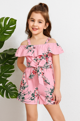 Kız Çocuk Pembe Çiçek Desenli Kuşaklı Tulum