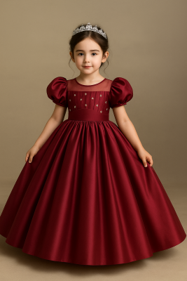 Kız Çocuk Prenses Abiye Elbise – Özel Gün ve Parti Kıyafeti-Tarlatanlı Bordo