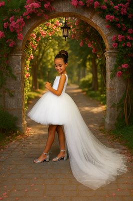 Kız Çocuk Prenses Abiye Tül Kuyruklu Elbise Beyaz