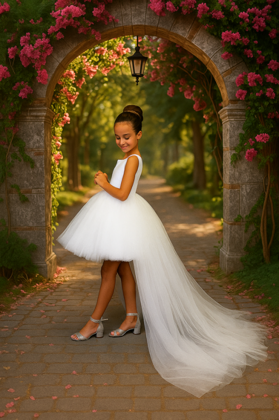 Kız Çocuk Prenses Abiye Tül Kuyruklu Elbise Beyaz - 1