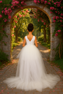 Kız Çocuk Prenses Abiye Tül Kuyruklu Elbise Beyaz - 2