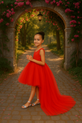 Kız Çocuk Prenses Abiye Tül Kuyruklu Elbise Kırmızı - 2