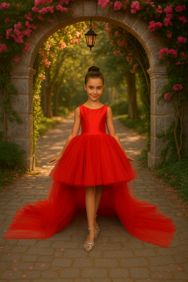 Kız Çocuk Prenses Abiye Tül Kuyruklu Elbise Kırmızı