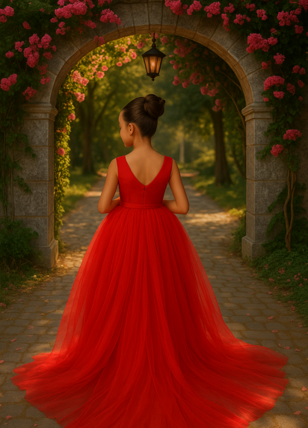 Kız Çocuk Prenses Abiye Tül Kuyruklu Elbise Kırmızı - 2