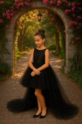 Kız Çocuk Prenses Abiye Tül Kuyruklu Elbise Siyah - 3