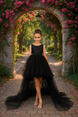 Kız Çocuk Prenses Abiye Tül Kuyruklu Elbise Siyah