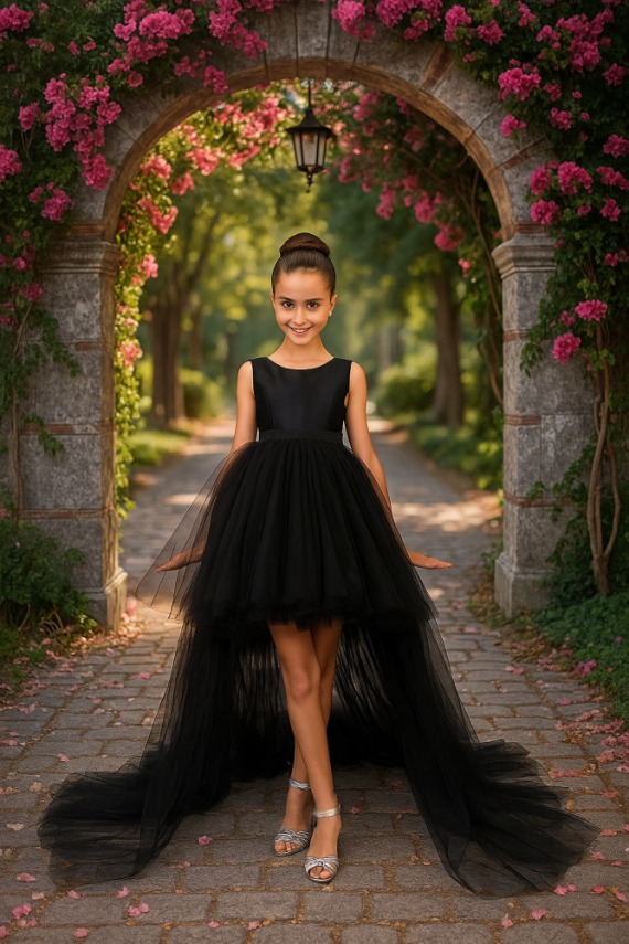 Kız Çocuk Prenses Abiye Tül Kuyruklu Elbise Siyah - 1