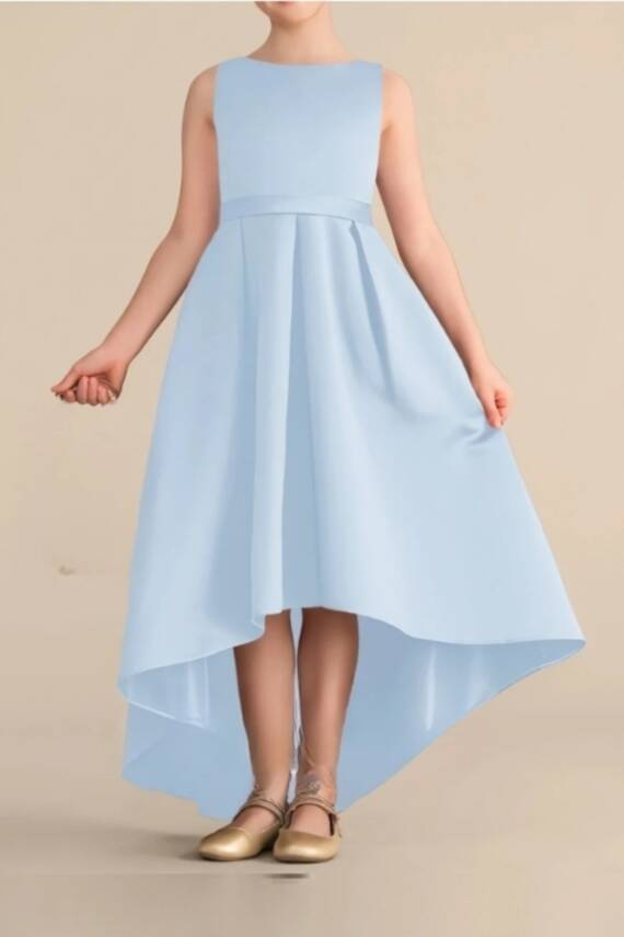 Kız Çocuk Saten Abiye Elbise – Prenses Model Mezuniyet ve Parti Elbisesi Bebe Mavi - 2