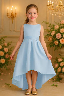 Kız Çocuk Saten Abiye Elbise – Prenses Model Mezuniyet ve Parti Elbisesi Bebe Mavi