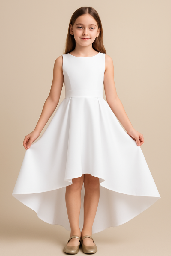 Kız Çocuk Saten Abiye Elbise – Prenses Model Mezuniyet ve Parti Elbisesi Beyaz - 1