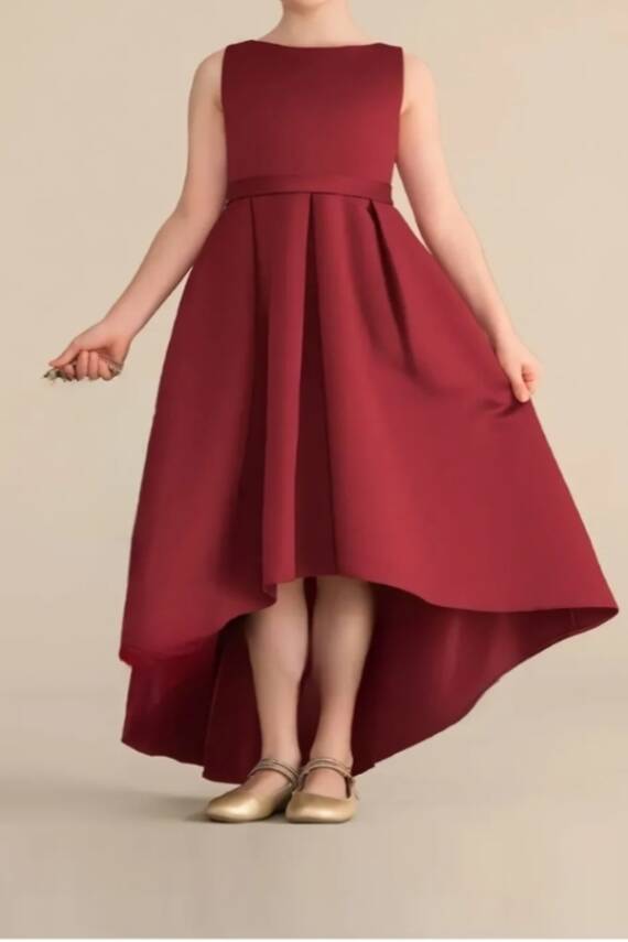 Kız Çocuk Saten Abiye Elbise – Prenses Model Mezuniyet ve Parti Elbisesi Bordo - 2