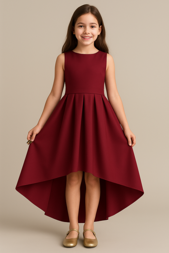 Kız Çocuk Saten Abiye Elbise – Prenses Model Mezuniyet ve Parti Elbisesi Bordo - 1